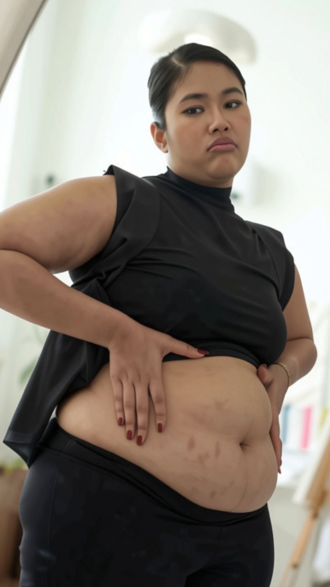 Bahagian perut kelihatan berlipat ketika memakai legging biasa